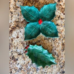2 pc vintage ceramic holly leaf candy dish set from Holland Mold